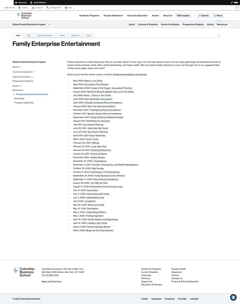 The former Entertainment section of the old website, which is just a list of links