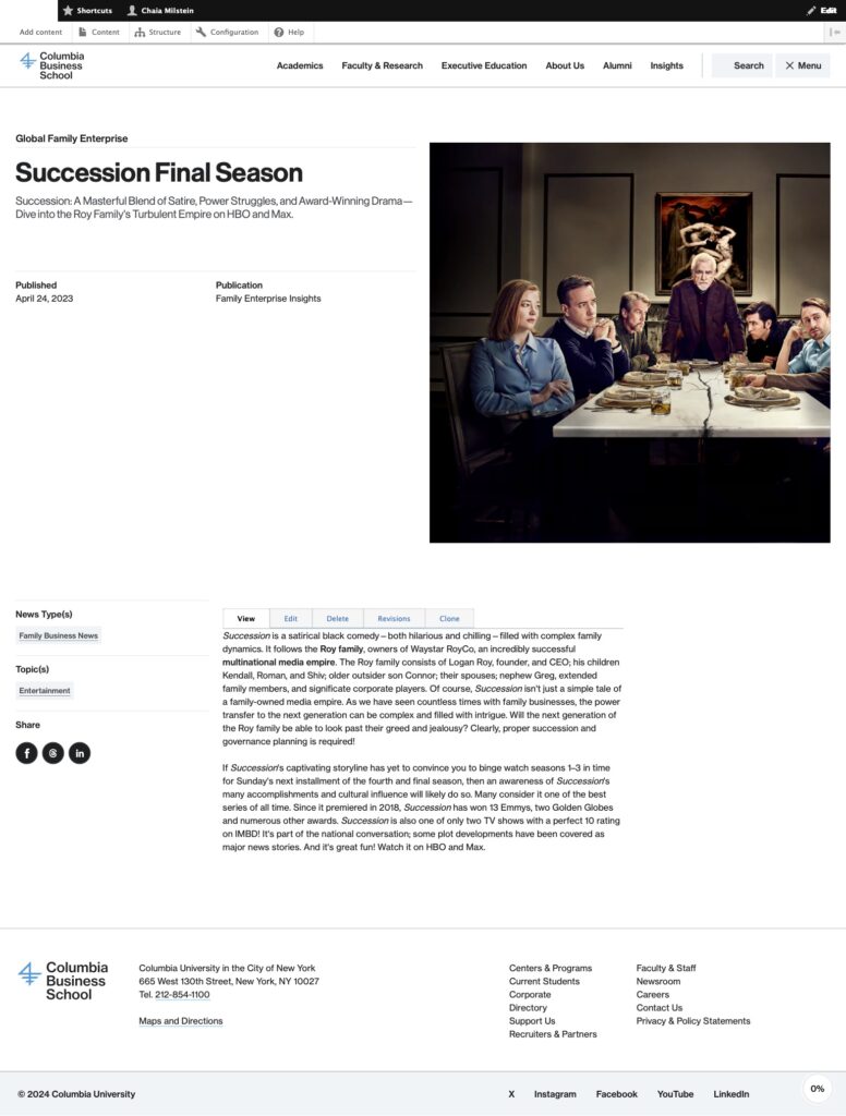 The finished Entertainment page, featuring the Succession finale