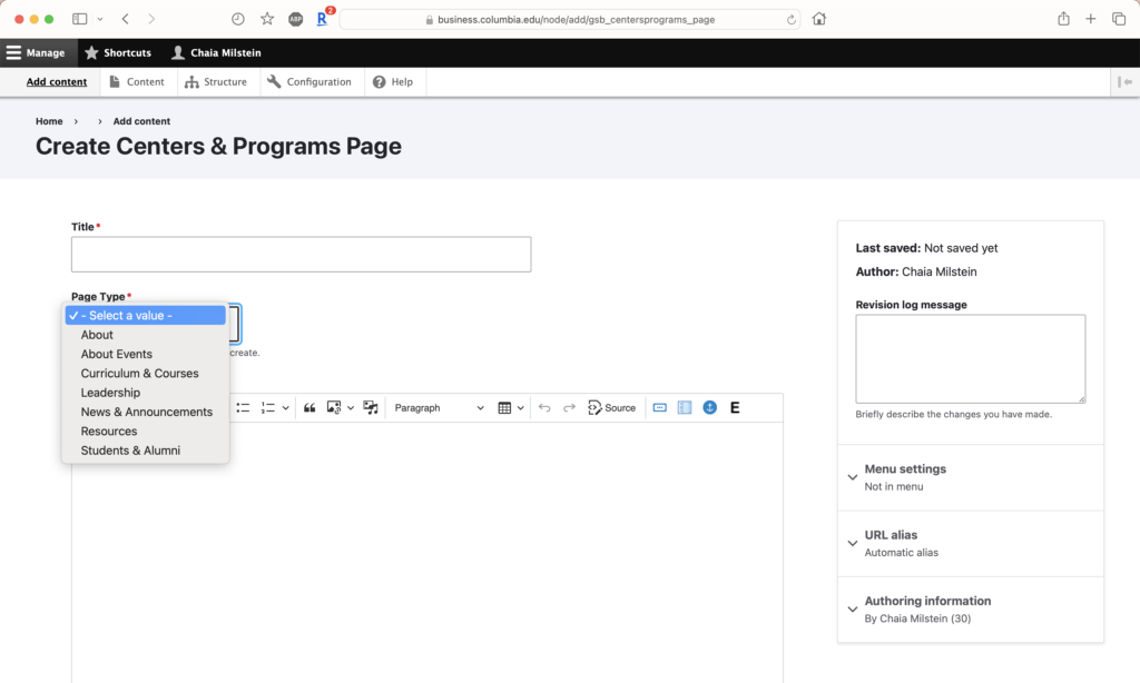 Centers & Programs page types drop-down