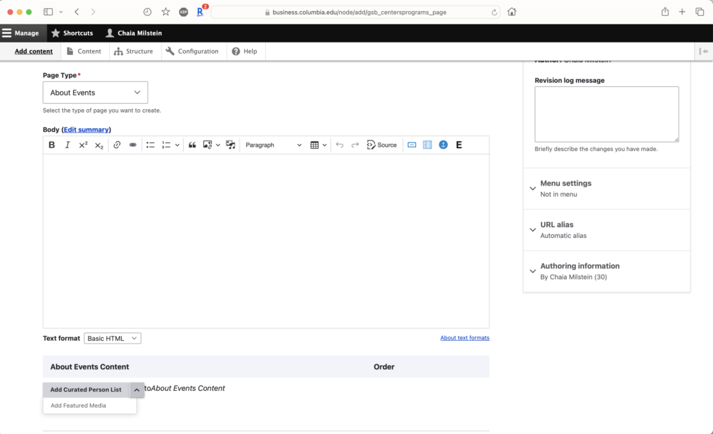 An empty About Events page